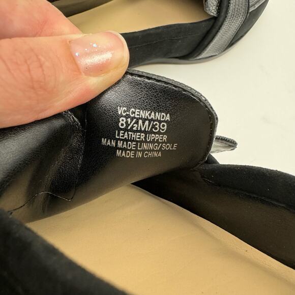 NEW Vince Camuto Cenkanda Black Leather & Suede Gold Buckle Slip On Loafer Flat - Picture 11 of 12